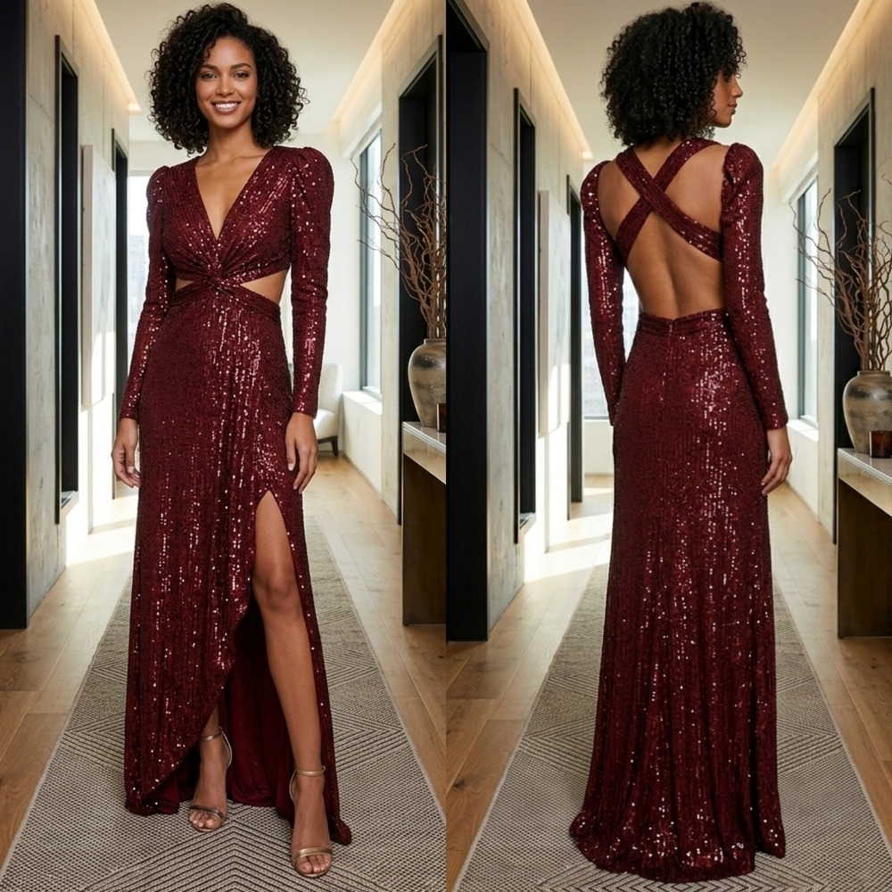 New IEENA for Mac Duggal 26739 Red Sequin Cut Out Puff Shoulder Gown Dress Sz 4